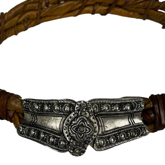 Vintage Leather Waist Belt One Size 31" Brown Twisted Ornate Buckle Unique Boho - Picture 2 of 7